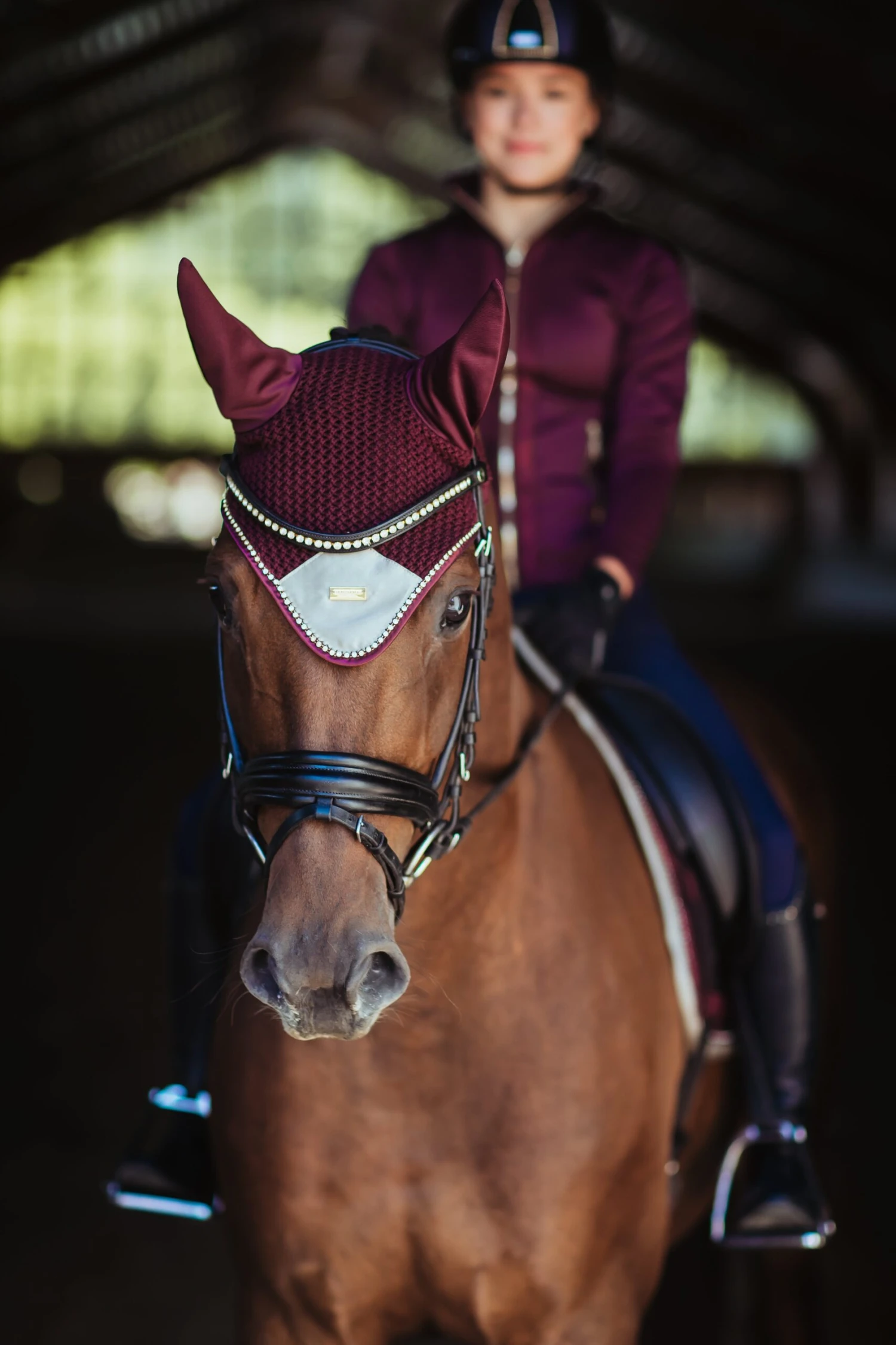 Equestrian Stockholm Ear Bonnet Merlot Crystal Gold 1 Equestrian Stockholm Ear Bonnet Merlot Crystal Gold